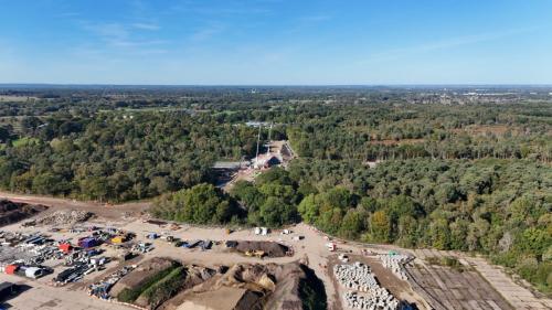 Wisley Lane Bridge construction and the hanger area used for materials storage - October 2023